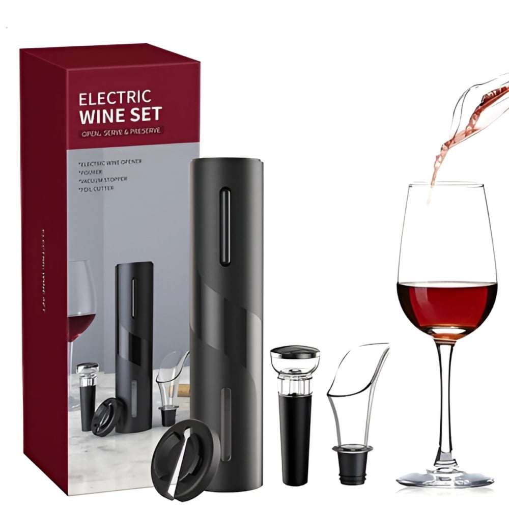 Kit Saca-Rolhas Elétrico + Abridor Vinho ABS - 4 Peças 