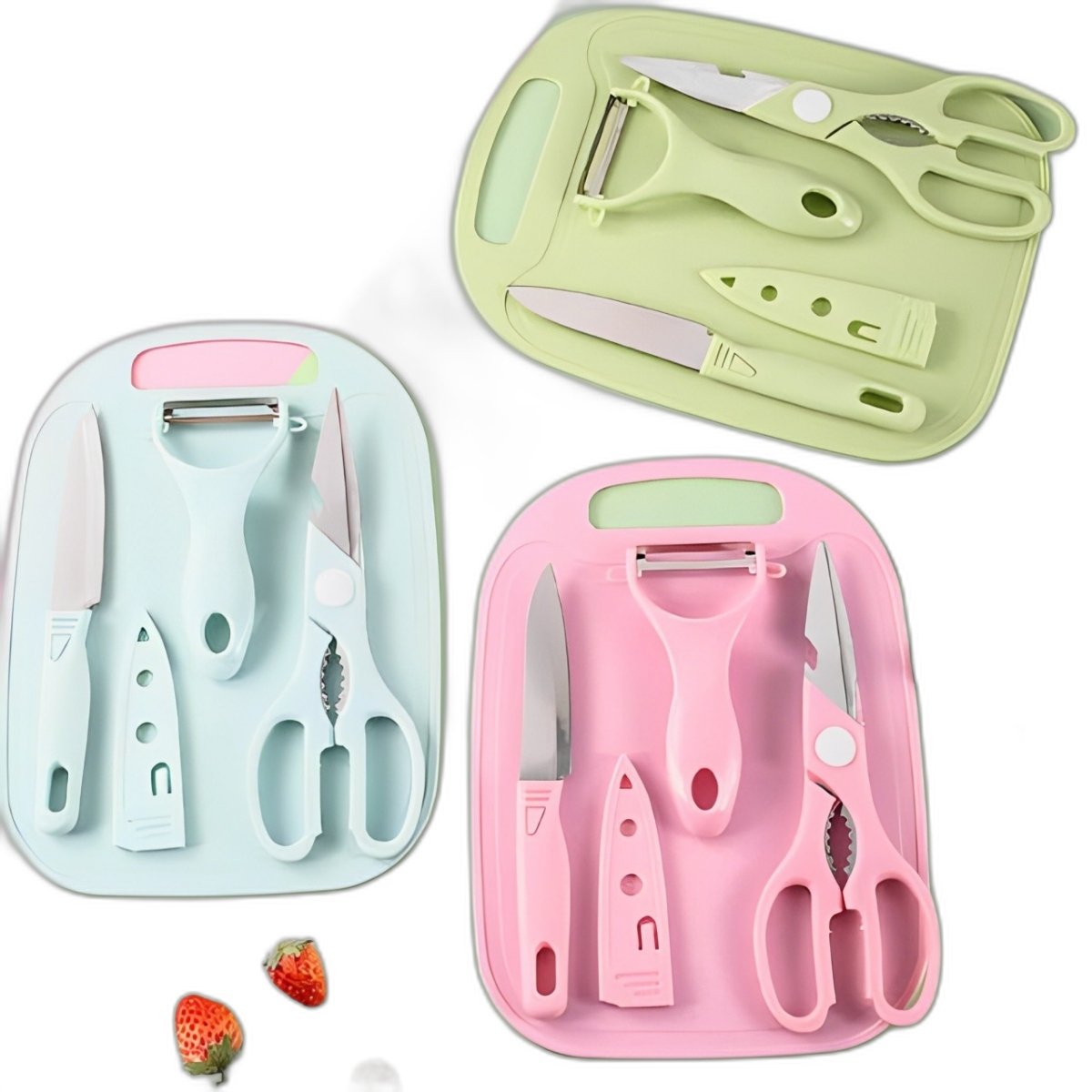 Kit de Utensílios de Cozinha - Plástico e Inox - Tábua, Tesoura, Faca, Descascador 