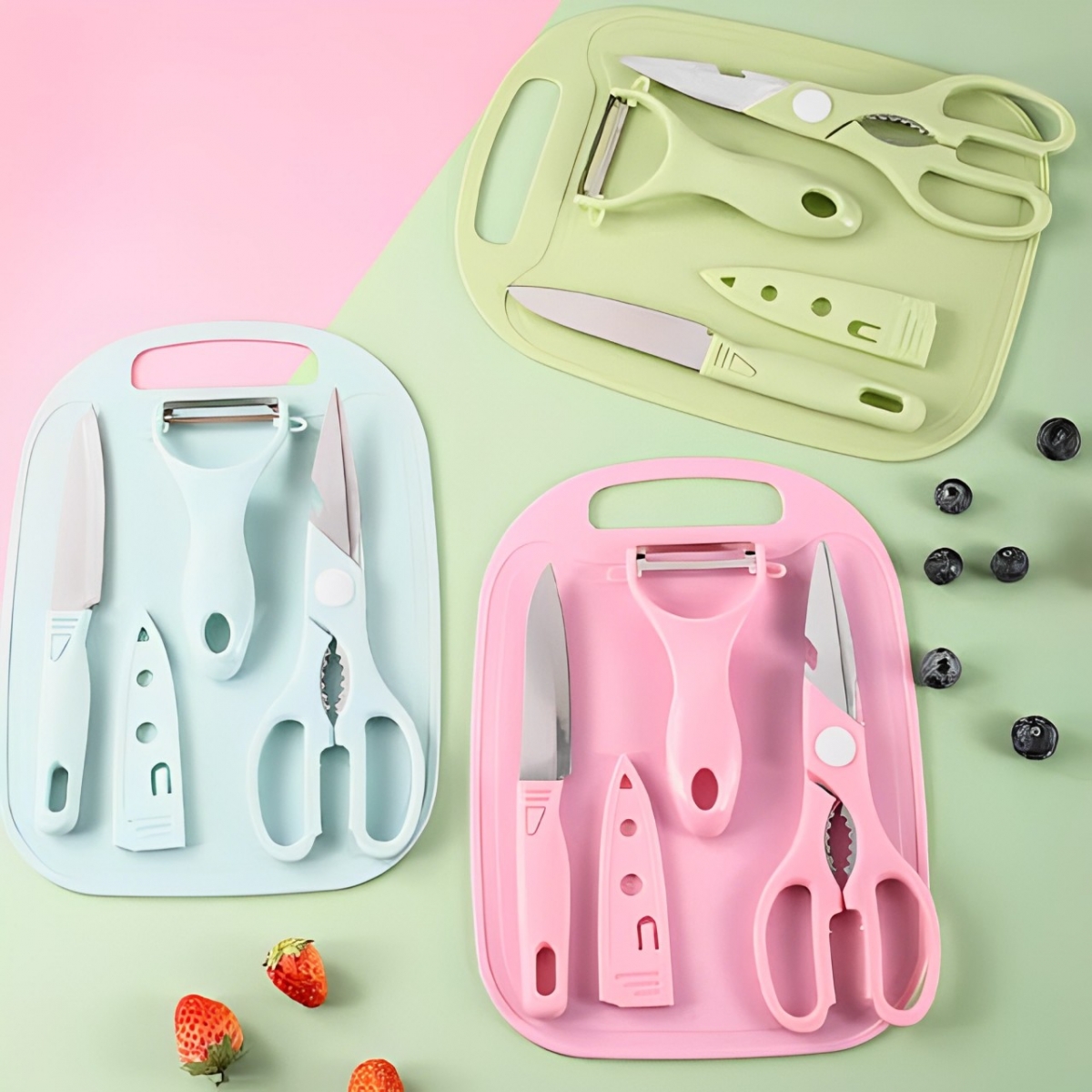 Kit de Utensílios de Cozinha - Plástico e Inox - Tábua, Tesoura, Faca, Descascador 
