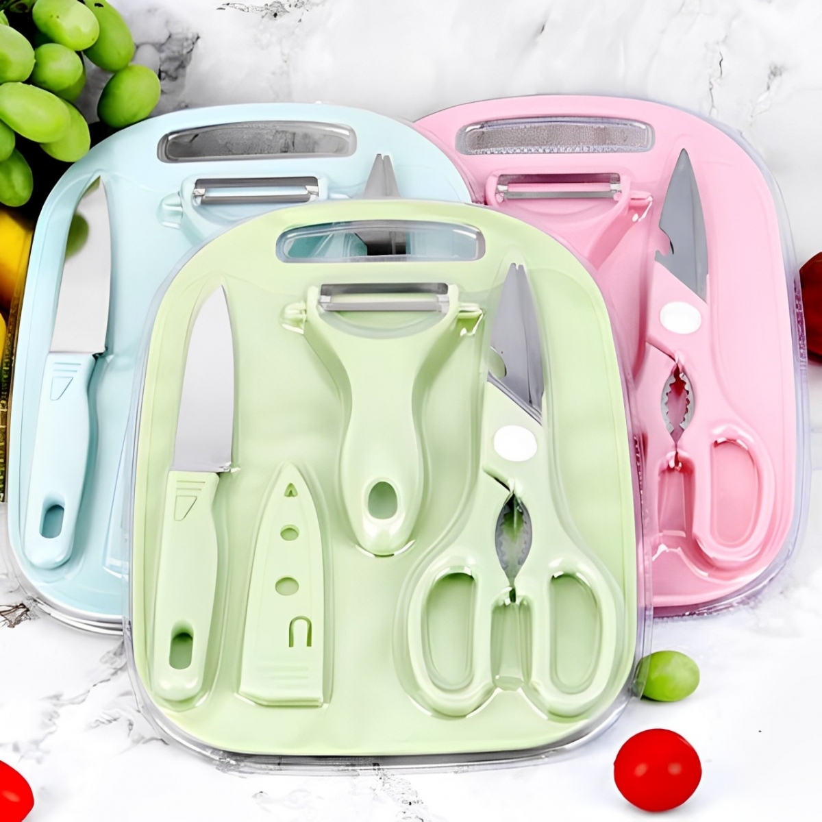Kit de Utensílios de Cozinha - Plástico e Inox - Tábua, Tesoura, Faca, Descascador 