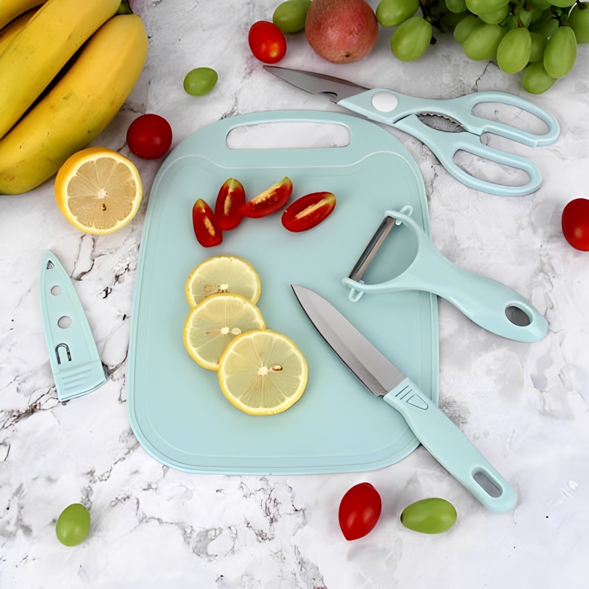 Kit de Utensílios de Cozinha - Plástico e Inox - Tábua, Tesoura, Faca, Descascador 