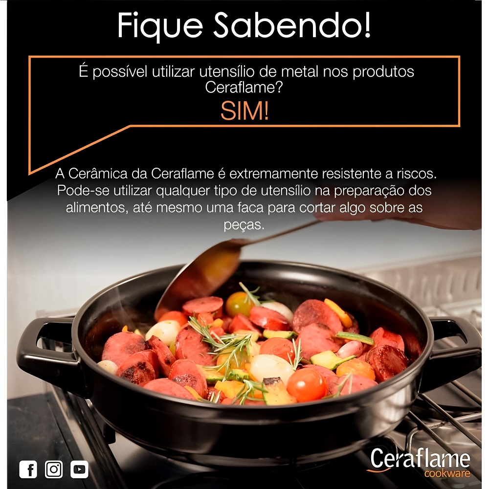Panela Caçarola de Cerâmica Vermelha Duo+, 22cm, 3,2 Litros, Ceraflame 