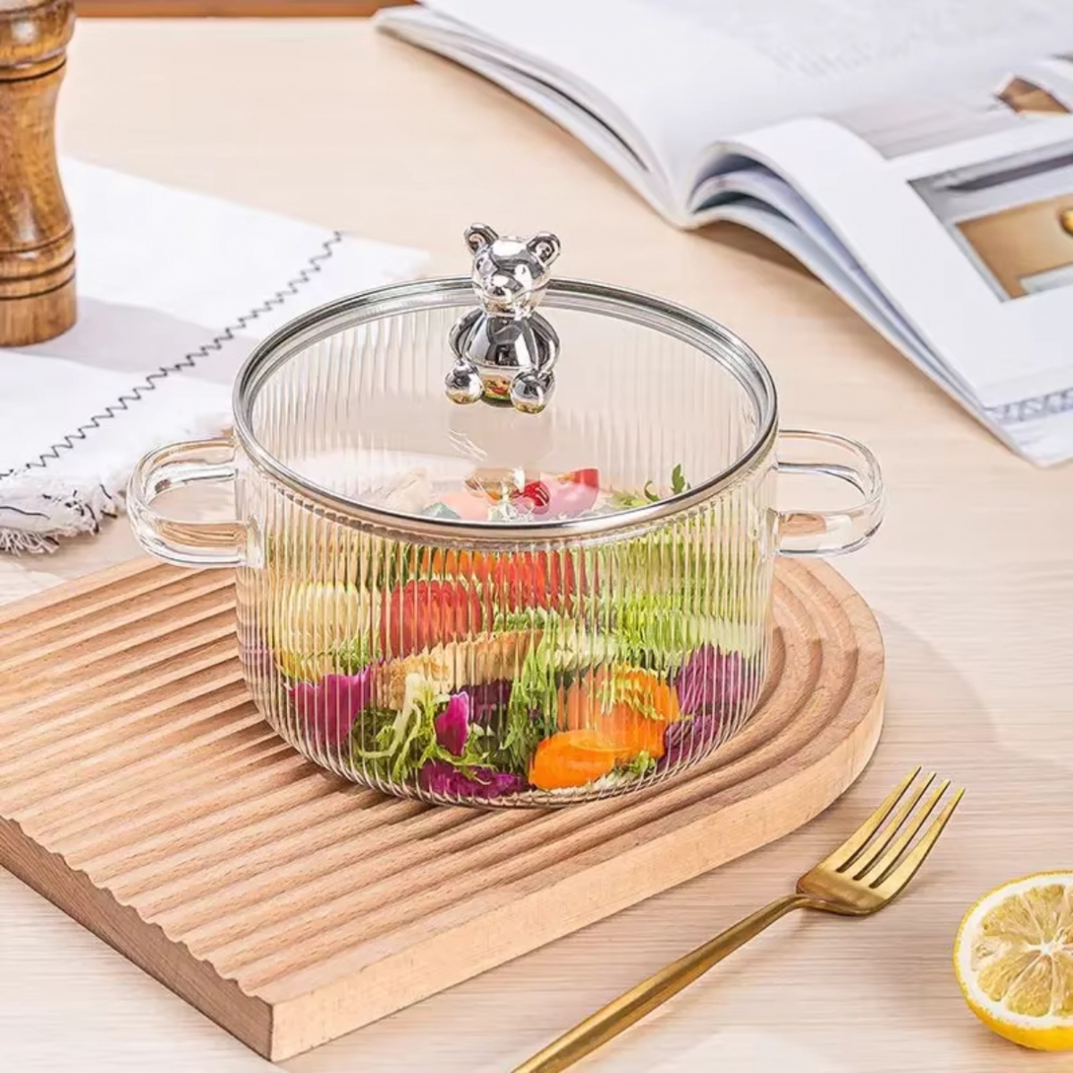 Panela de vidro transparente com tampa de ursinho 1,7L 