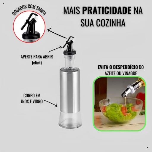 Porta Azeite Vinagre Óleo com Dosador - Aço Inox - 300ml 