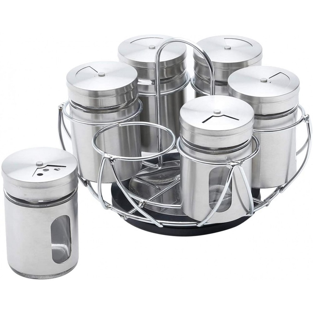 Porta Temperos Giratório com 6 Potes e Suporte - Inox 