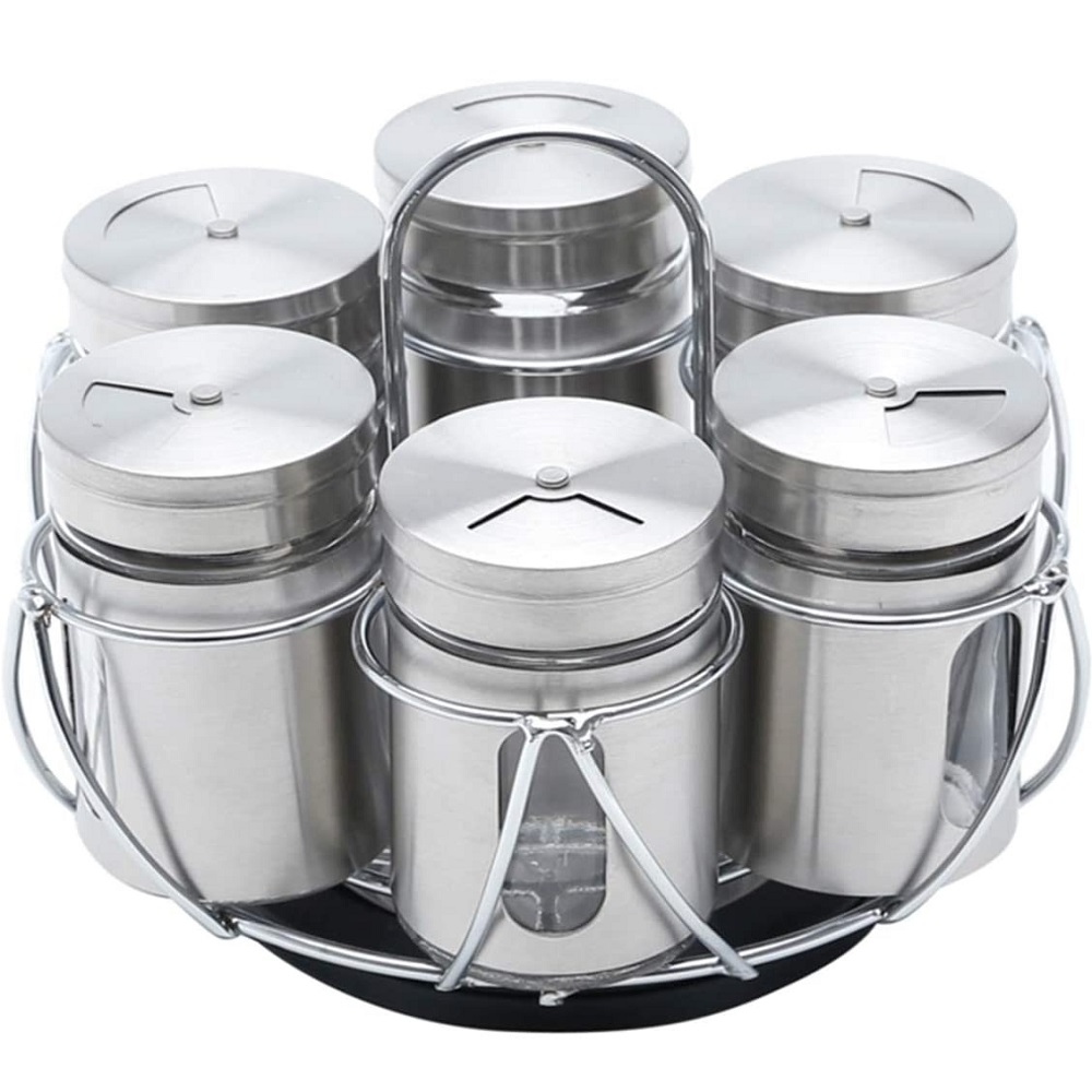Porta Temperos Giratório com 6 Potes e Suporte - Inox 