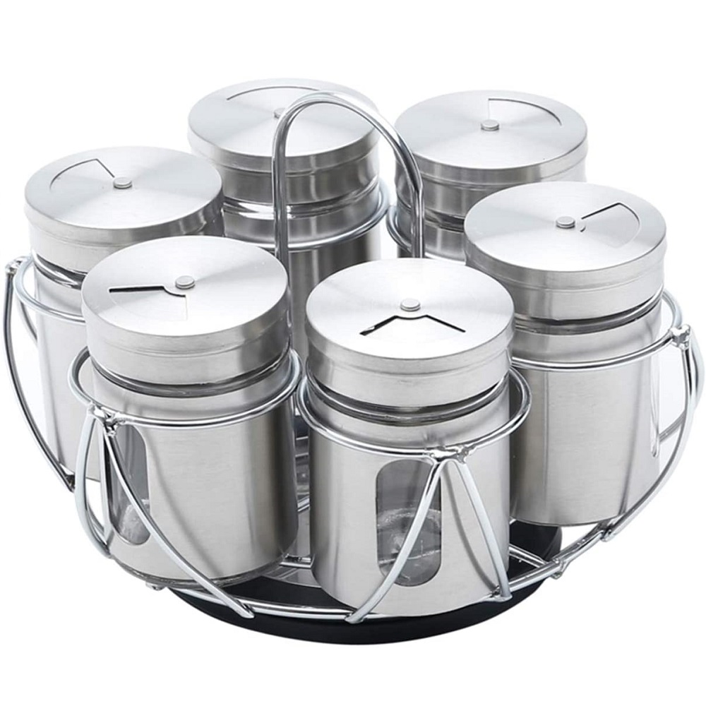 Porta Temperos Giratório com 6 Potes e Suporte - Inox 