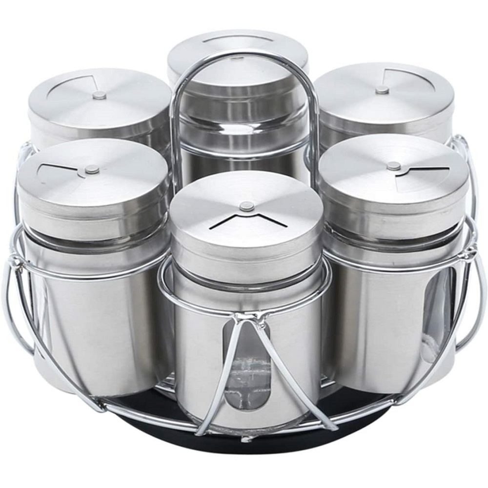 Porta Temperos Giratório com 6 Potes e Suporte - Inox 