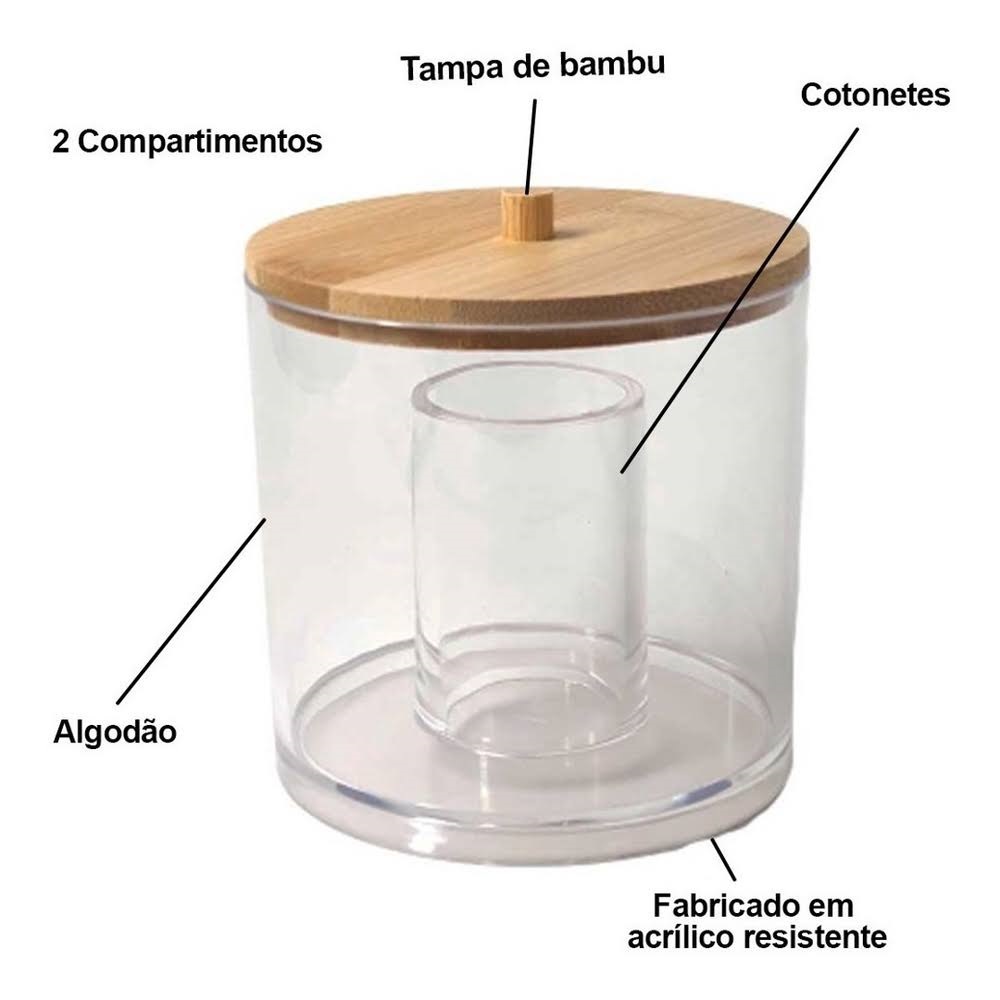 Pote Organizador 2 em 1 para Cotonete e Algodão com Tampa de Bambu 