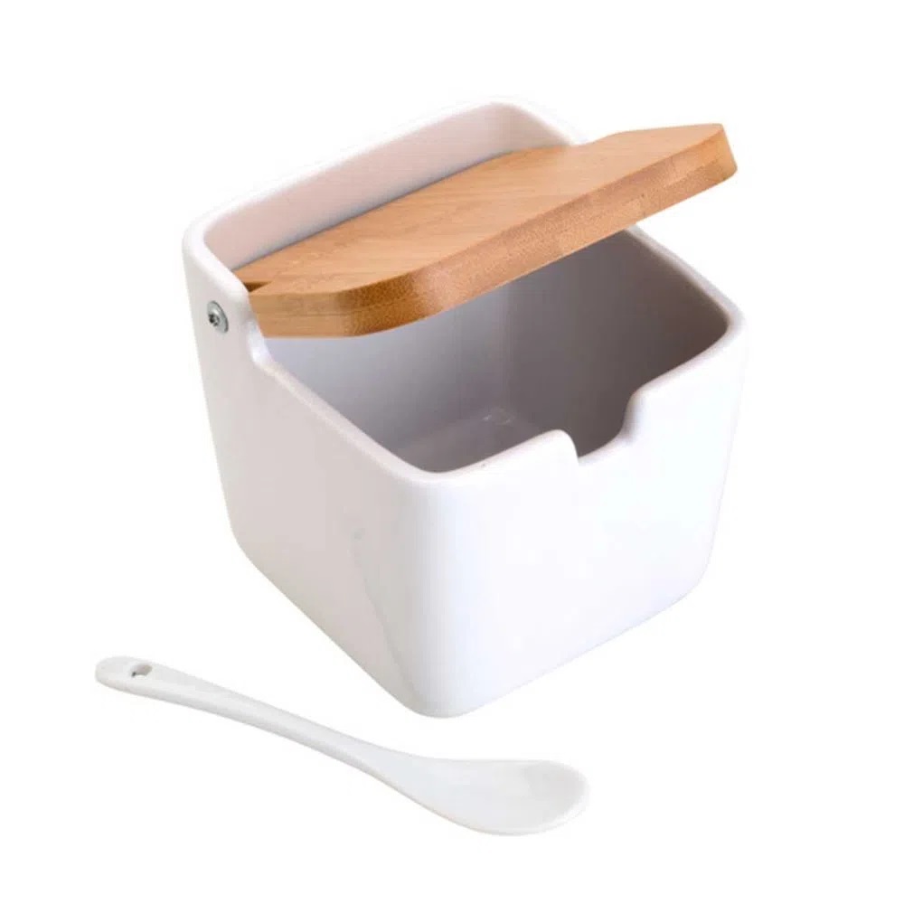 Saleiro De Mesa Em Porcelana Com Tampa de Bambu e Colher 