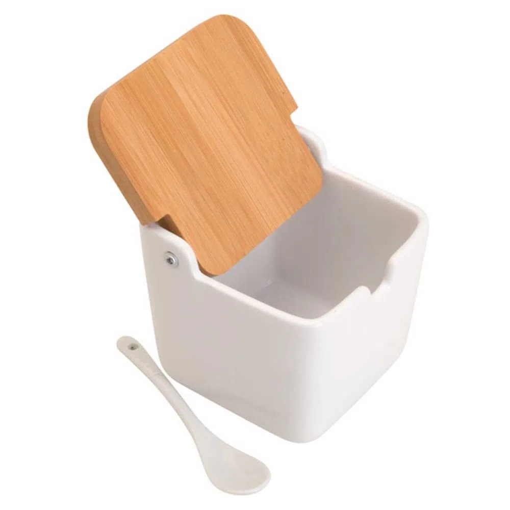 Saleiro De Mesa Em Porcelana Com Tampa de Bambu e Colher 
