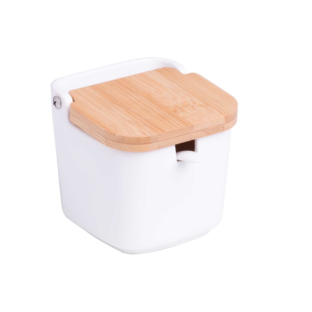 Saleiro Pequeno para Mesa em Ceramica com Tampa de Bambu e Colher 