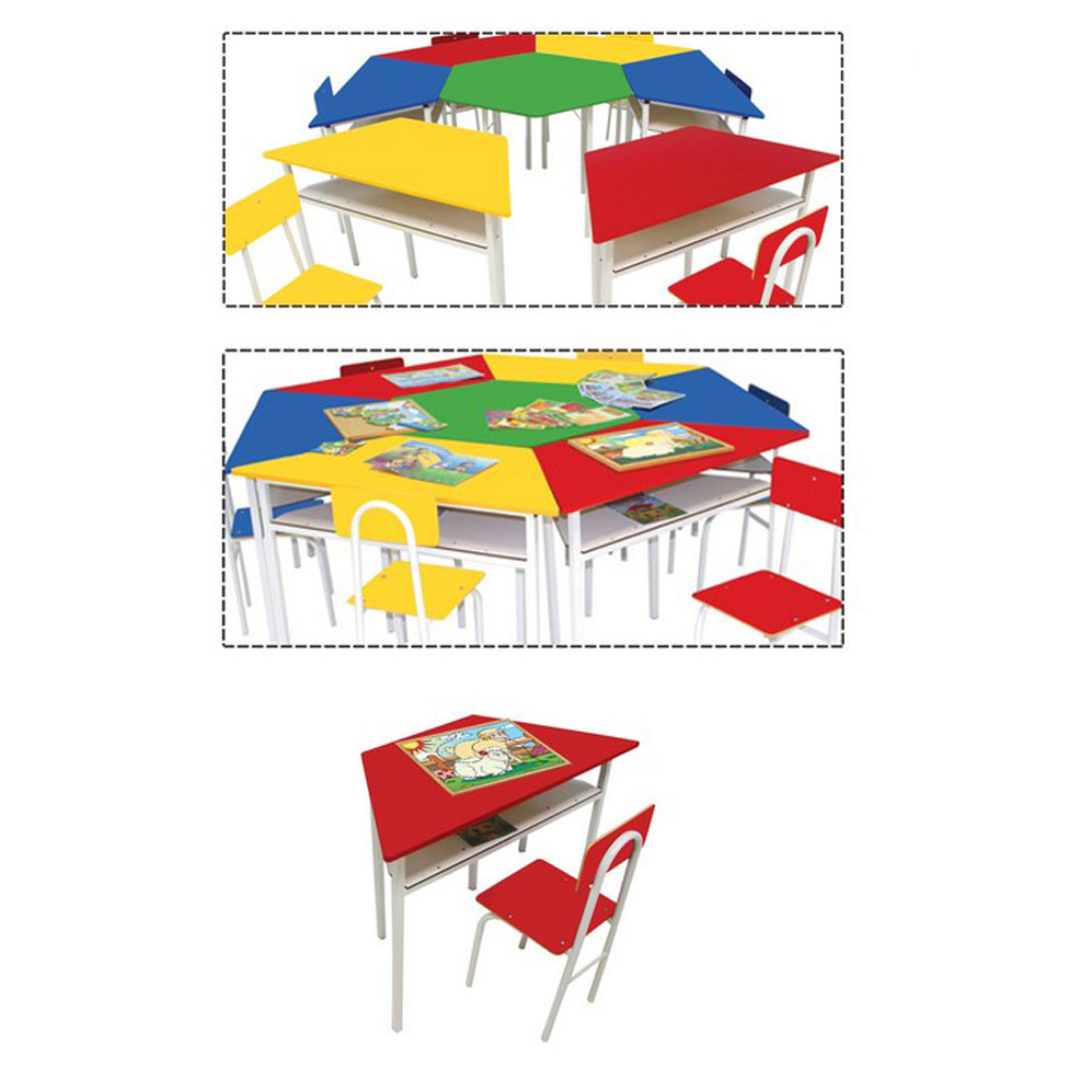 Conjunto de Mesa Sextavada com 6 Cadeiras School Colorida