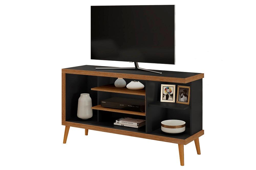 Rack Sala Egeo para TV até 55 Polegadas c/ Pés de Madeira Preto/Canela