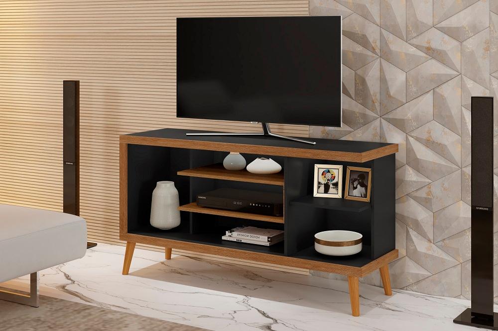Rack Sala Egeo para TV até 55 Polegadas c/ Pés de Madeira Preto/Canela