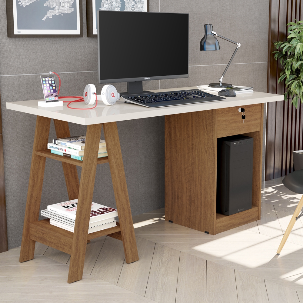 Mesa De Computador Pote Off White e Canela