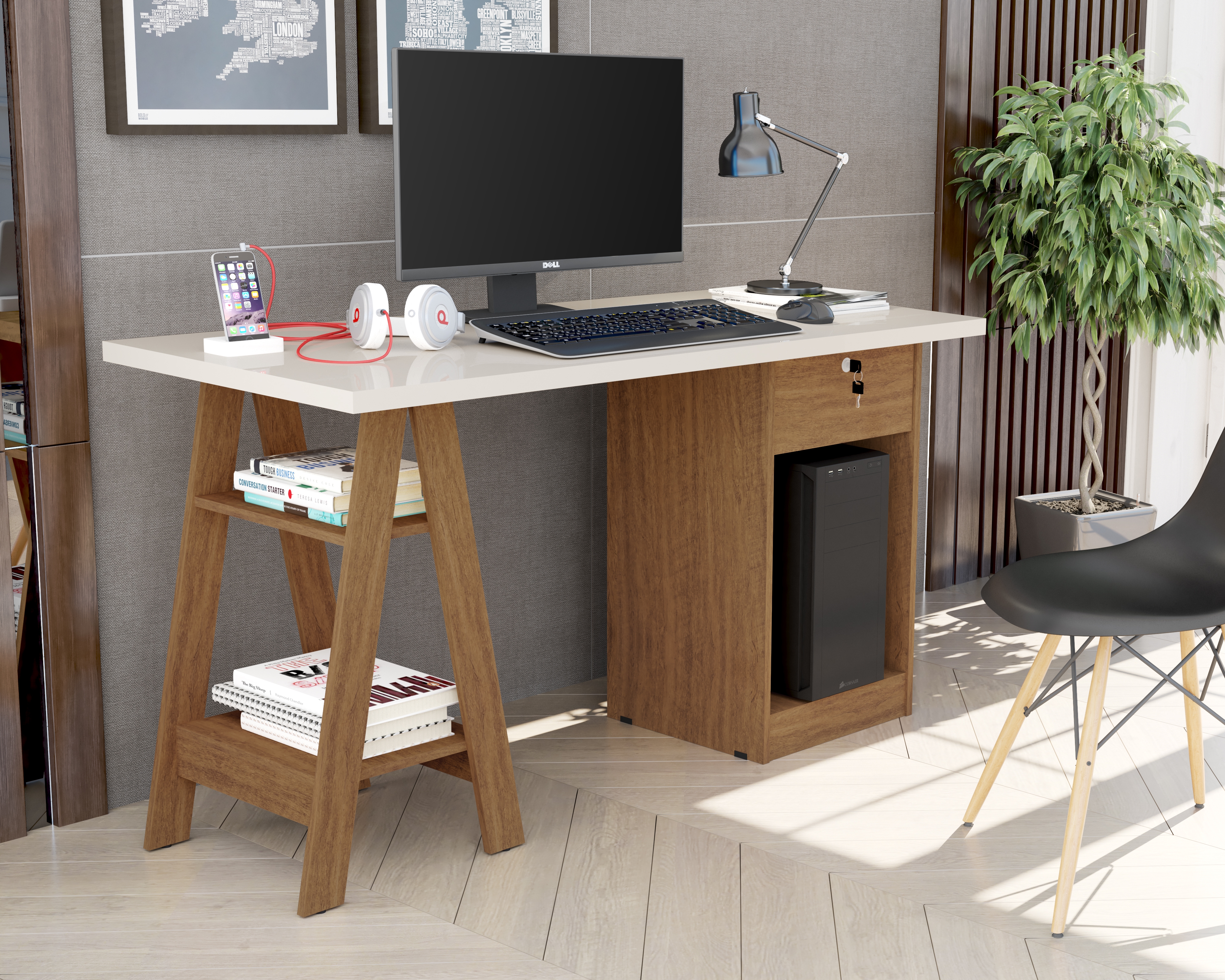 Mesa De Computador Pote Off White e Canela