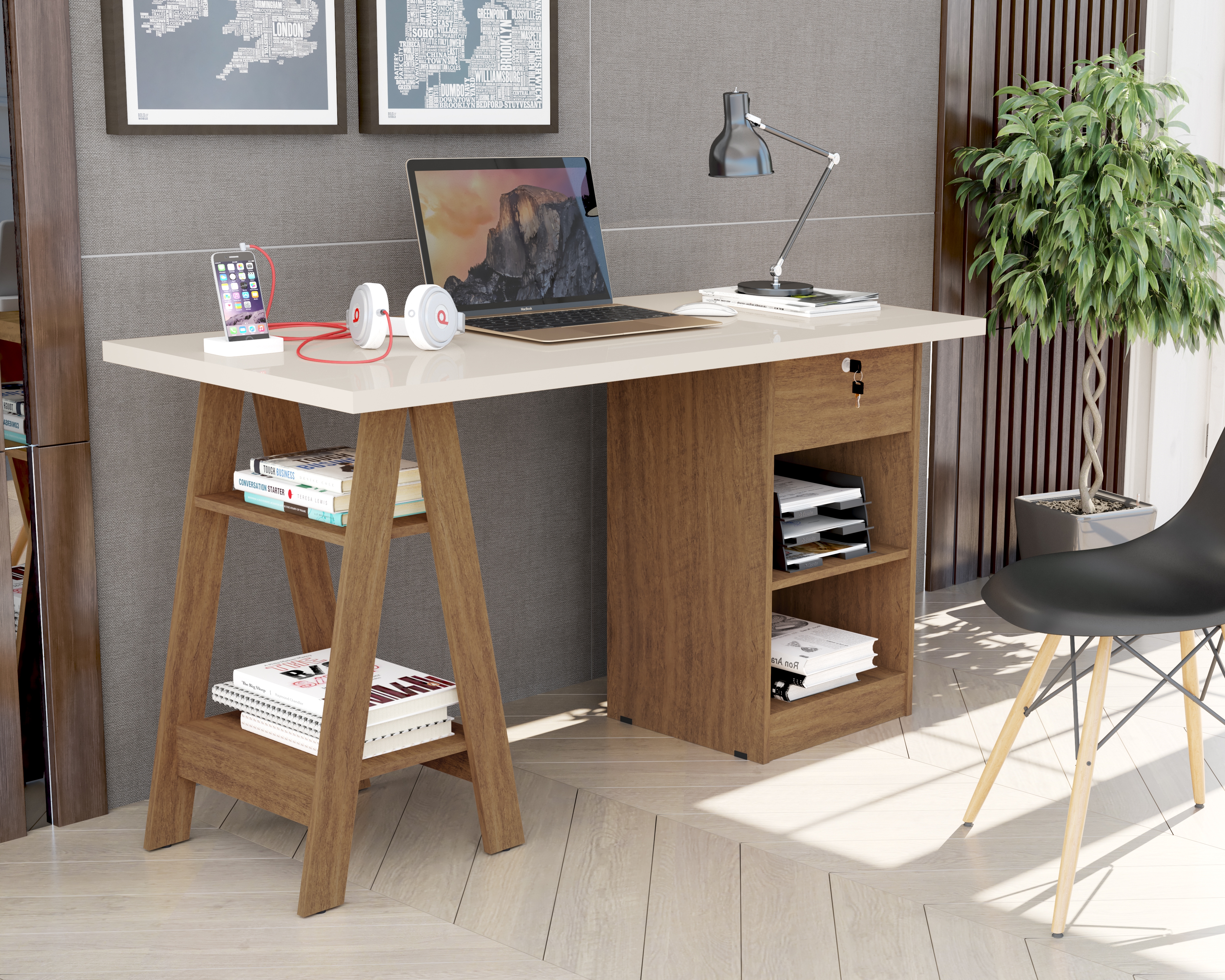 Mesa De Computador Pote Off White e Canela