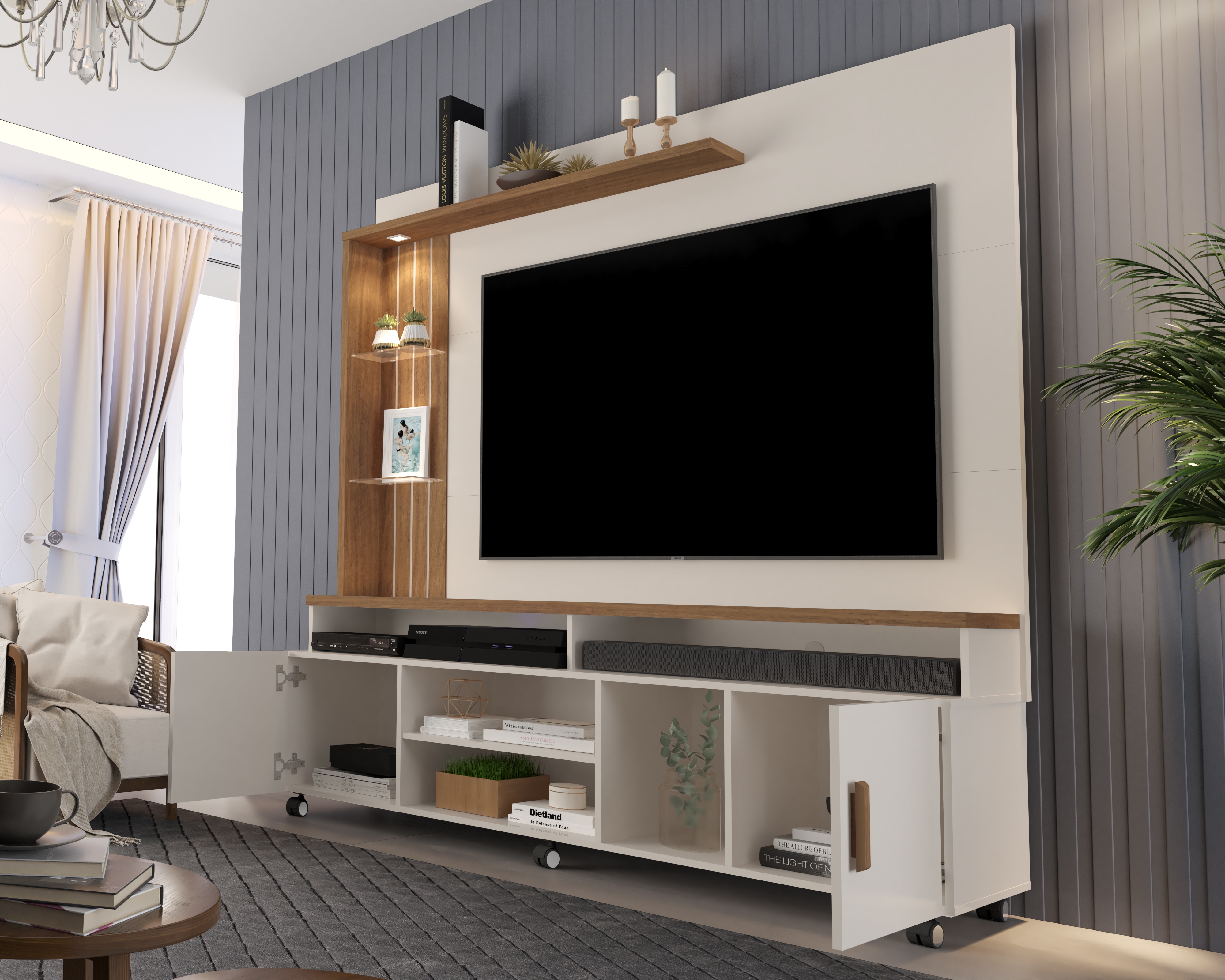Painel e Rack para TV Tiane Off White e Canela