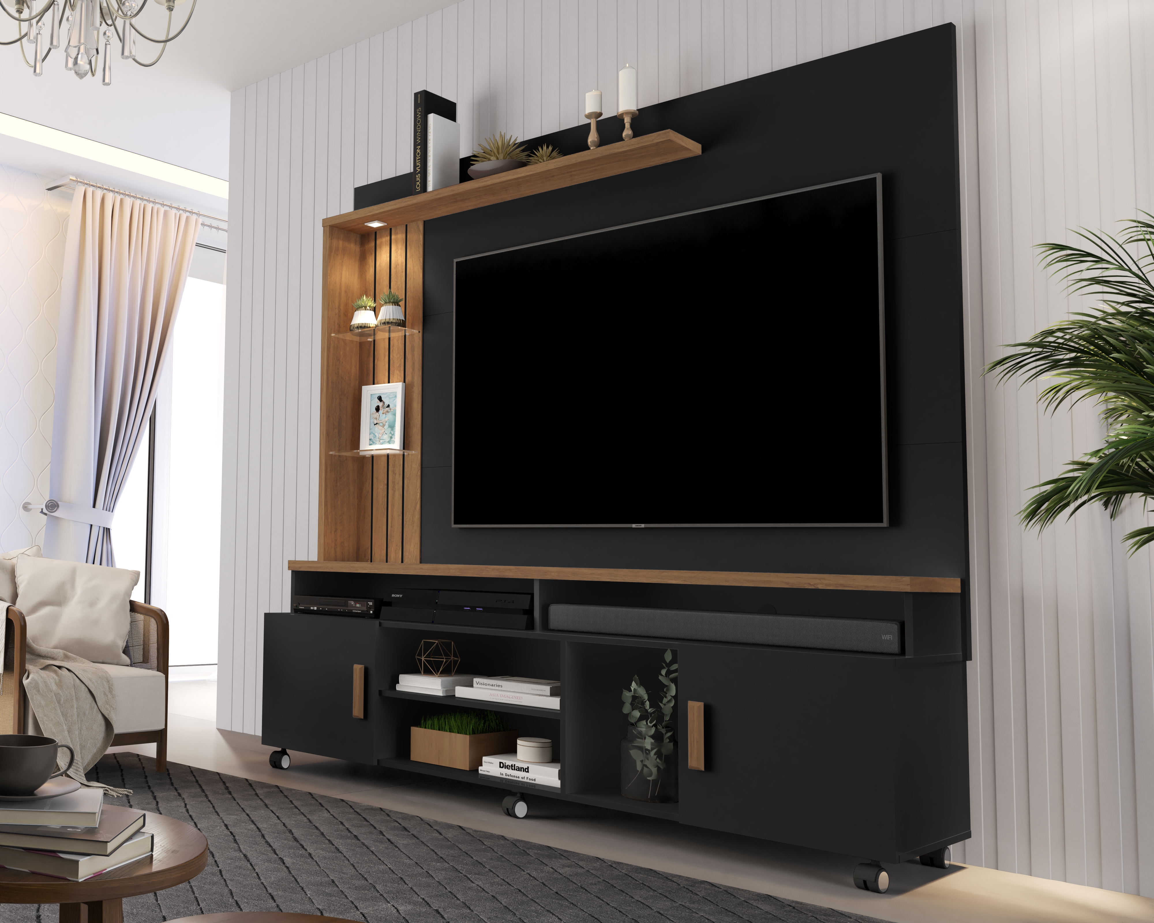 Painel e Rack para TV Tiane Preto e Canela