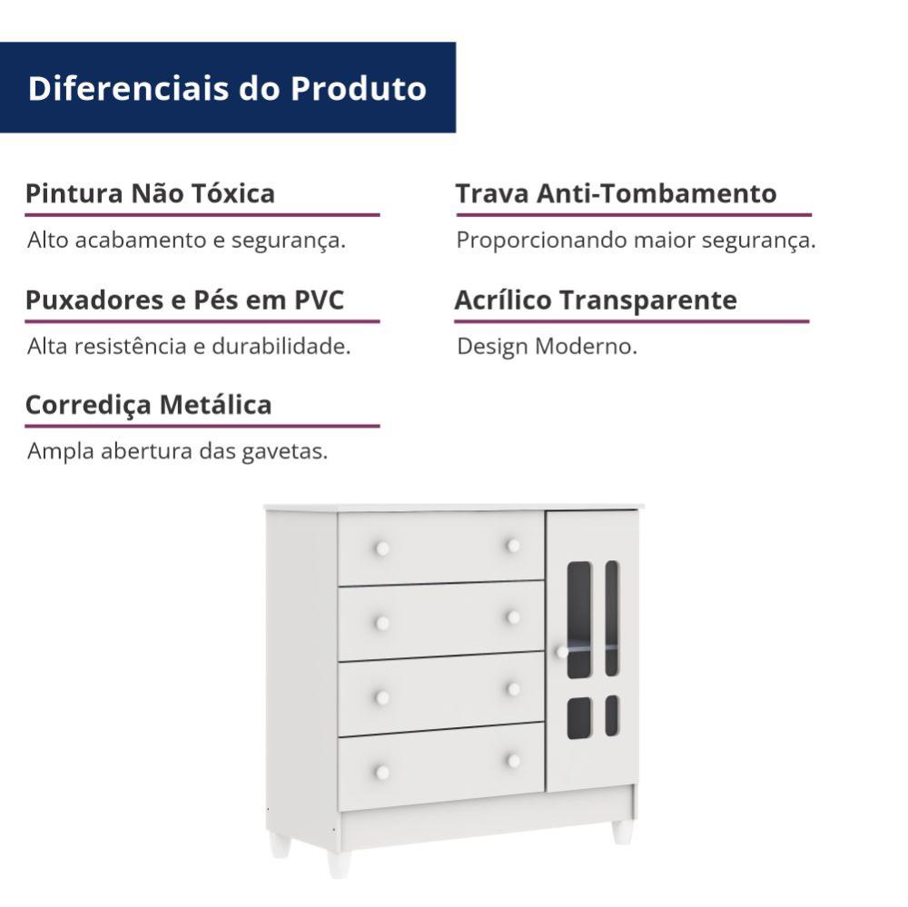 Cômoda Infantil 4 Gavetas com Fraldário Ariel Branco Carolina Baby