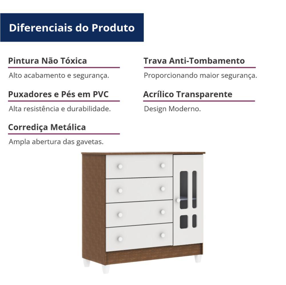 Cômoda Infantil 4 Gavetas com Fraldário Ariel Branco com Amadeirado Carolina Baby