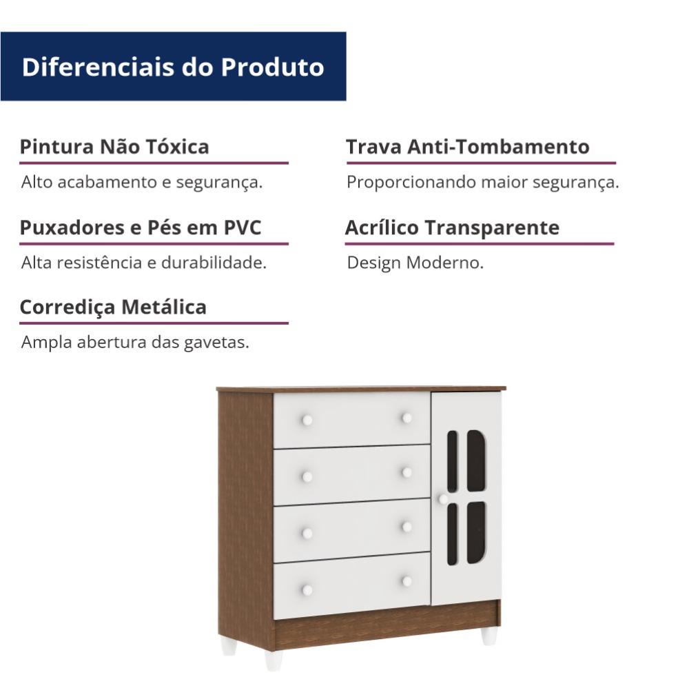 Cômoda Infantil 4 Gavetas com Fraldário Gabrielle Branco Amadeirado Carolina Baby