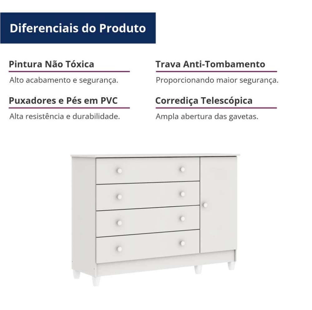 Cômoda Infantil 4 Gavetas com Fraldário Taís Branco Carolina Baby