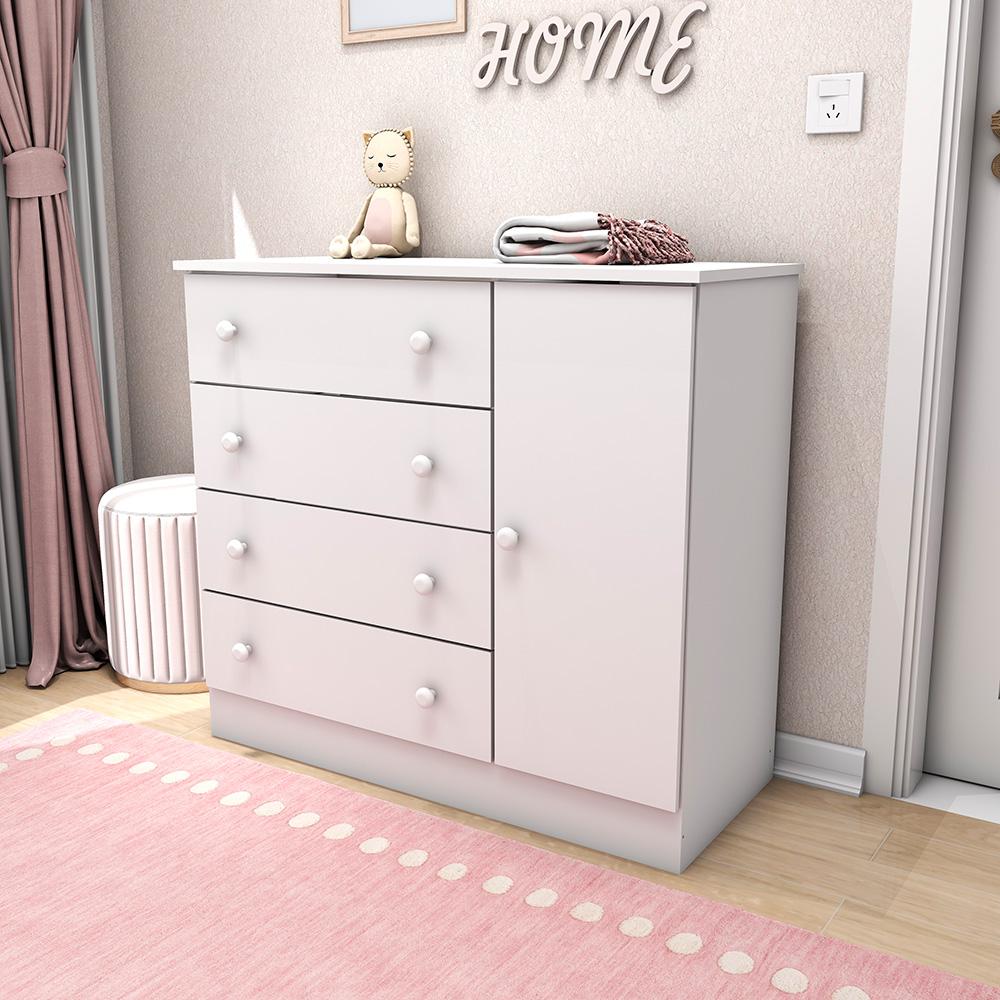 Cômoda Infantil 4 Gavetas com Porta Fraldário Lia Branco Carolina Baby
