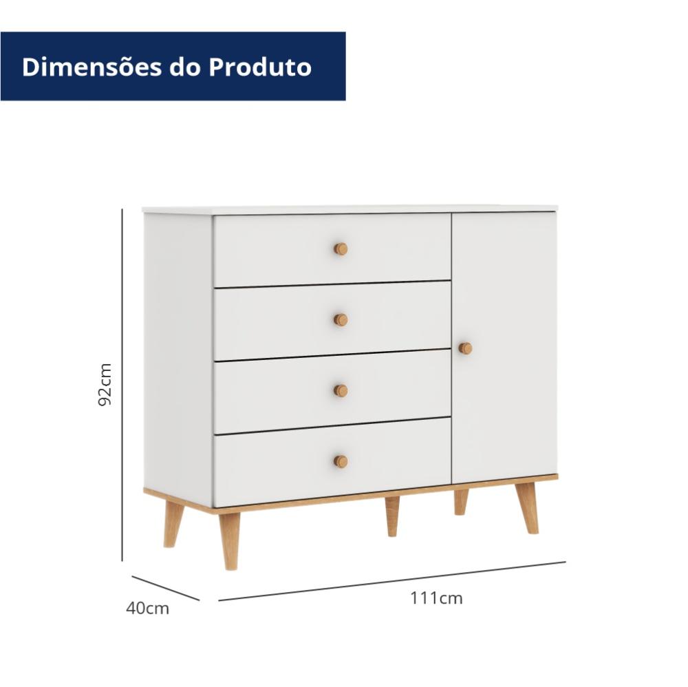 Cômoda Infantil Retrô 4 Gavetas com Fraldário Lígia Branco Fosco com Bétula Carolina Baby