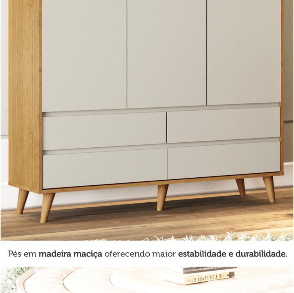Guarda Roupa Infantil Retrô 3 Portas com Gavetas Off White com Betula Lorena  Carolina Baby