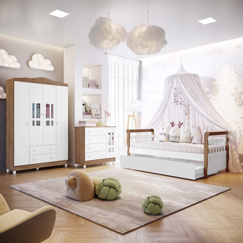 Quarto Infantil Ariel Completo Cama da Babá Júlia com Cama Auxiliar Guarda Roupa 4 Portas Cômoda 4 Gavetas com Porta Branco Amadeirado Carolina Baby