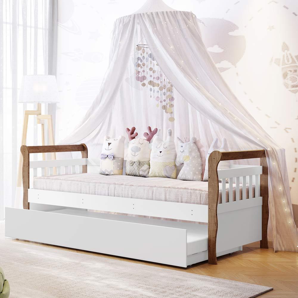 Quarto Infantil Ariel Completo Cama da Babá Júlia com Cama Auxiliar Guarda Roupa 4 Portas Cômoda 4 Gavetas com Porta Branco Amadeirado Carolina Baby