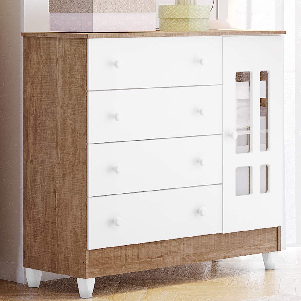 Quarto Infantil Ariel Completo Cama da Babá Júlia com Cama Auxiliar Guarda Roupa 4 Portas Cômoda 4 Gavetas com Porta Branco Amadeirado Carolina Baby