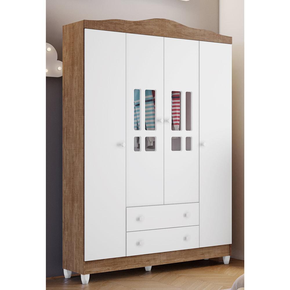 Quarto Infantil Ariel Completo Cama da Babá Júlia com Cama Auxiliar Guarda Roupa 4 Portas Cômoda 4 Gavetas com Porta Branco Amadeirado Carolina Baby