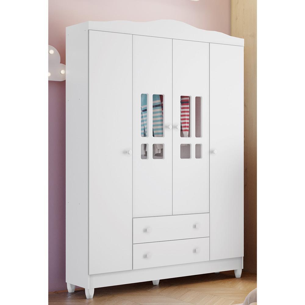 Quarto Infantil Ariel Completo Cama da Babá Júlia com Cama Auxiliar Guarda Roupa 4 Portas Cômoda Infantil 4 Gavetas com Porta Branco Carolina Baby