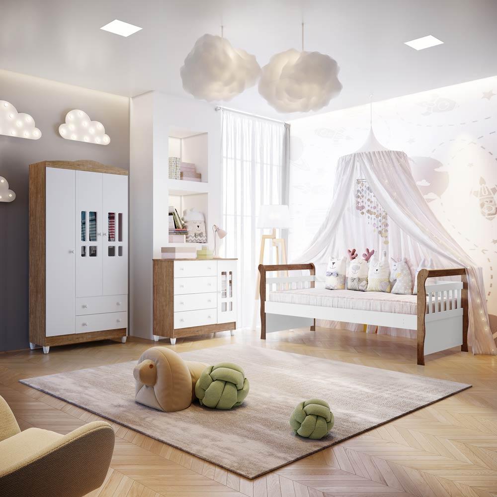 Quarto Infantil Completo Ariel Cama da Babá Júlia Guarda Roupa 3 Portas Cômoda 4 Gavetas com Porta Branco Fosco Amadeirado Carolina Baby
