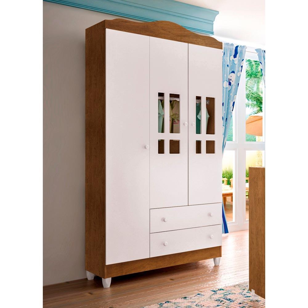 Quarto Infantil Completo Ariel Cama da Babá Júlia Guarda Roupa 3 Portas Cômoda 4 Gavetas com Porta Branco Fosco Amadeirado Carolina Baby