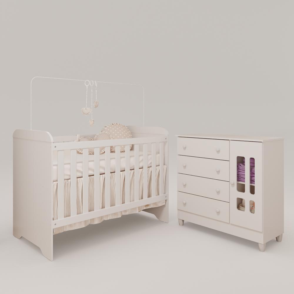 Quarto de Bebê Ariel Berço 3 em 1 Gabrielle Cômoda Infantil com Porta Branco Carolina Baby