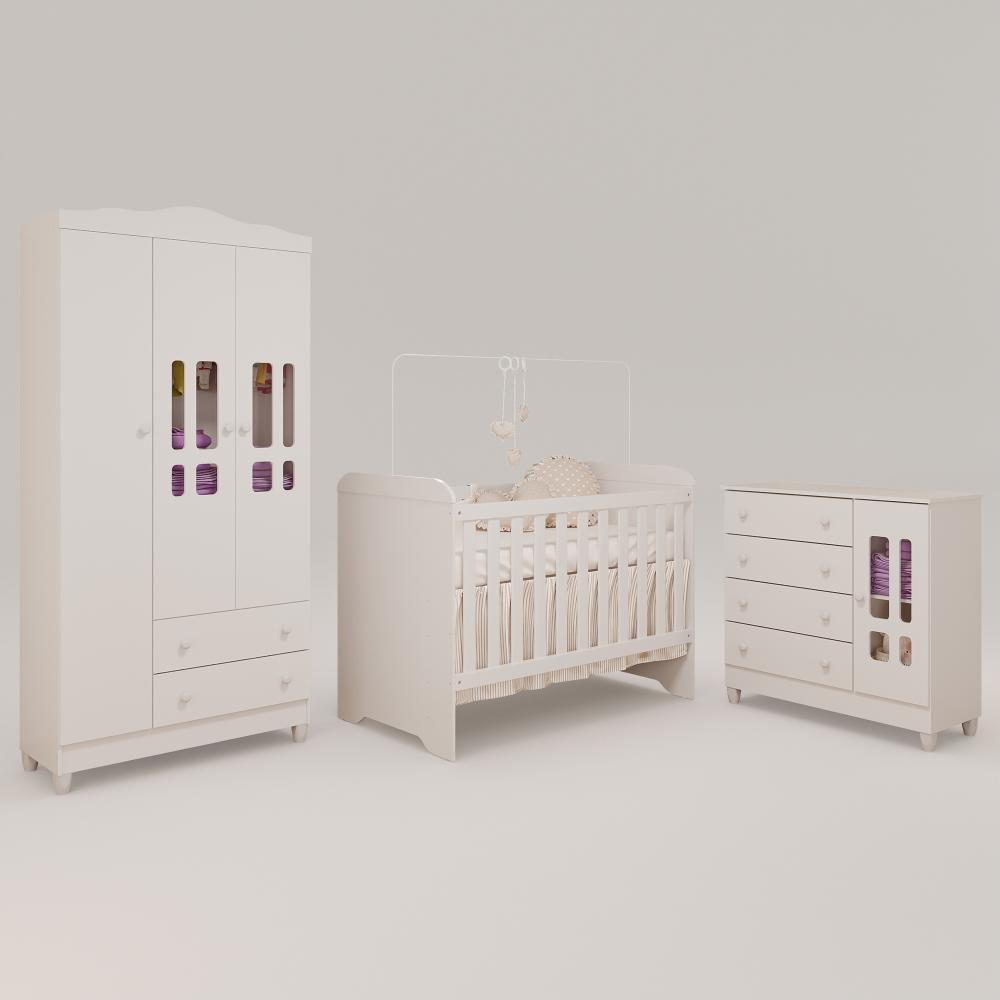 Quarto de Bebê Ariel Berço 3 em 1 Gabrielle Guarda Roupa 3 Portas Cômoda Infantil Branco Carolina Baby