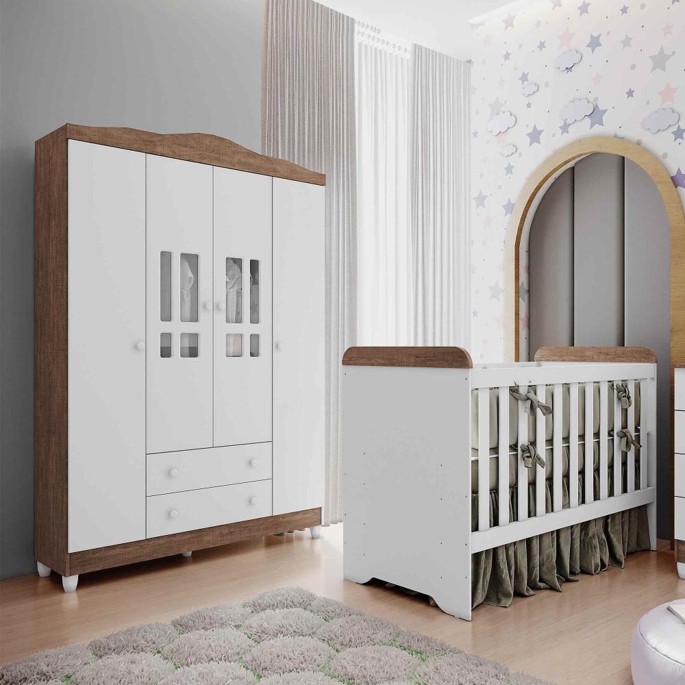Quarto de Bebê Ariel Berço 3 em 1 Gabrielle Guarda Roupa 4 Portas Infantil Branco Amadeirado Carolina Baby