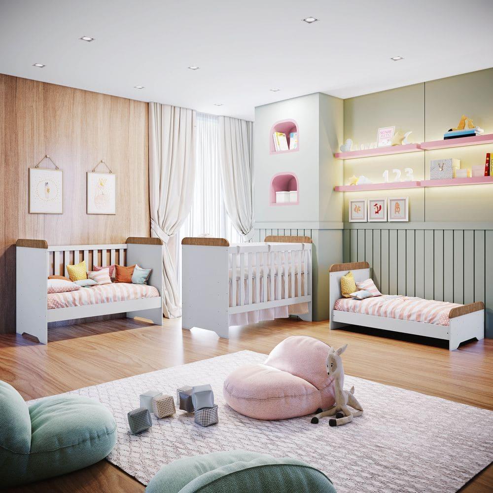 Quarto de Bebê Ariel Berço 3 em 1 Gabrielle Guarda Roupa Infantil 3 Portas Branco Amadeirado Carolina Baby