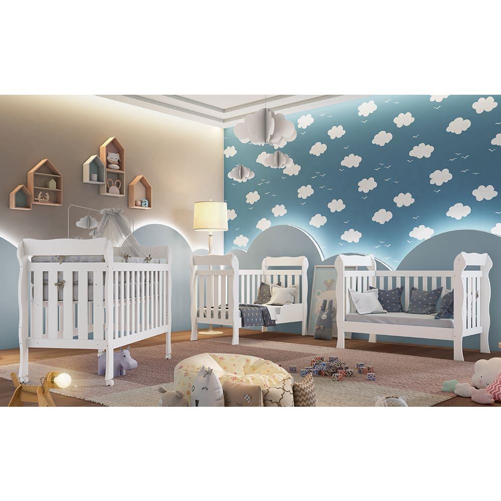 Quarto de Bebê Ariel Berço 3 em 1 Lila Guarda Roupa 4 Portas Cômoda Infantil 4 Gavetas com Porta Branco Carolina Baby