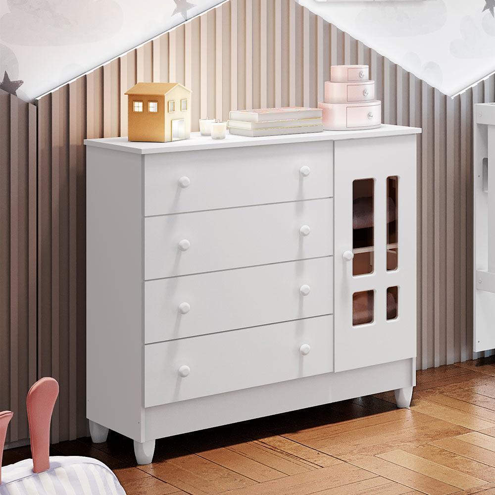 Quarto de Bebê Ariel Berço 3 em 1 Lila Guarda Roupa 4 Portas Cômoda Infantil 4 Gavetas com Porta Branco Carolina Baby