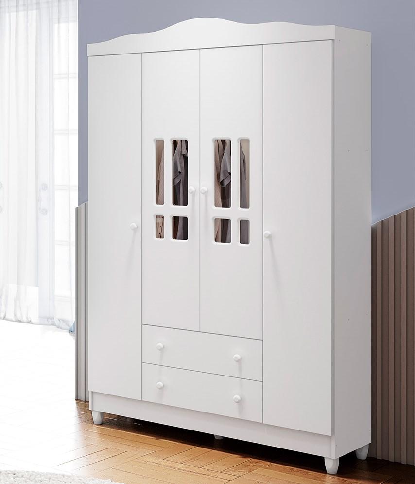 Quarto de Bebê Ariel Berço 3 em 1 Lila Guarda Roupa 4 Portas Cômoda Infantil 4 Gavetas com Porta Branco Carolina Baby