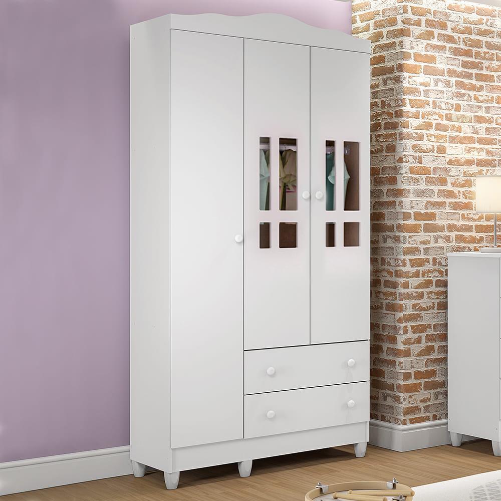 Quarto de Bebê Ariel Berço 3 em 1 Lila Guarda Roupa Infantil 3 Portas Branco Carolina Baby