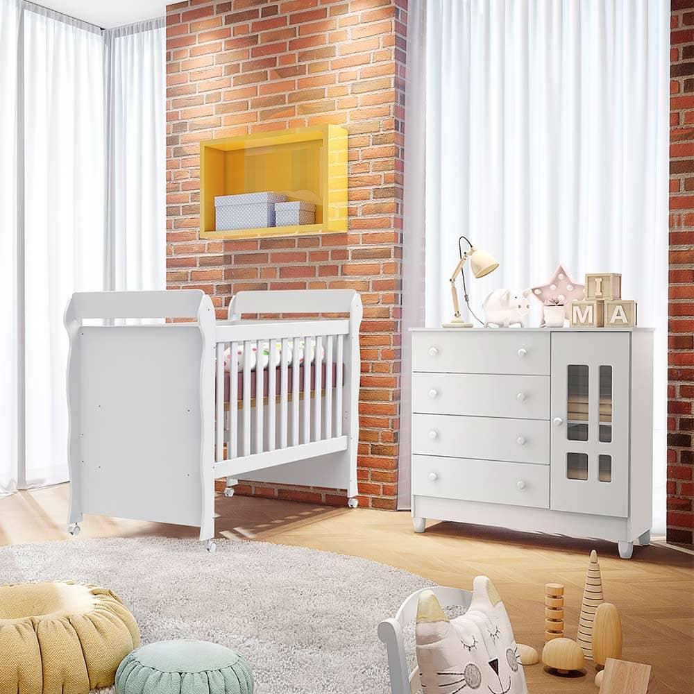 Quarto de Bebê Ariel Berço Mini Cama Mirelle Cômoda Infantil com Porta Branco Carolina Baby