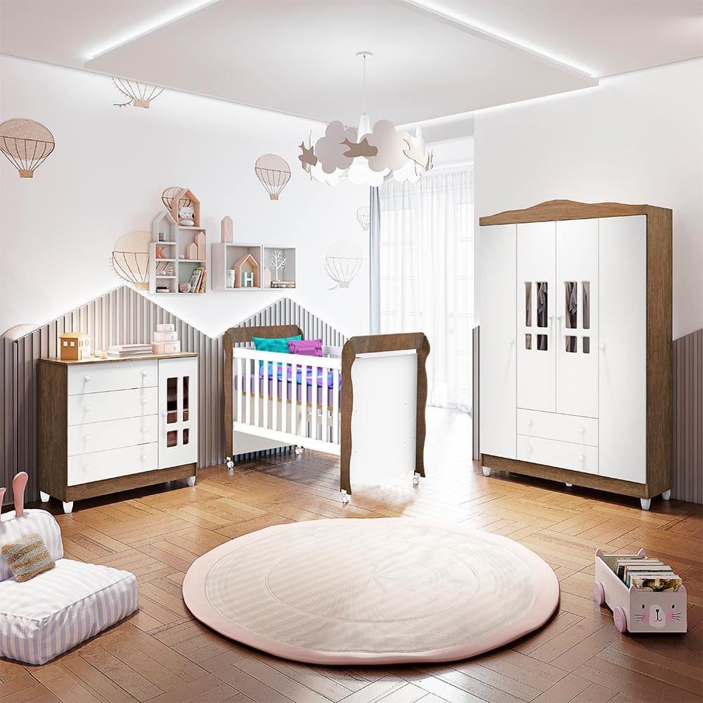 Quarto de Bebê Ariel Berço Mini Cama Mirelle Guarda Roupa Cômoda Infantil Branco Amadeirado Carolina Baby