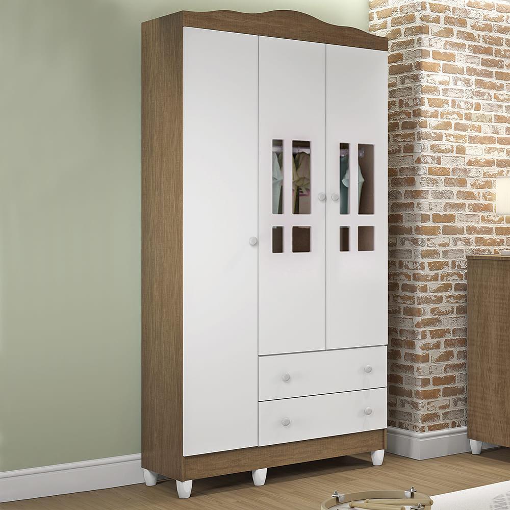 Quarto de Bebê Ariel Berço Mini Cama Mirelle Guarda Roupa Infantil 3 Portas Branco Amadeirado Carolina Baby