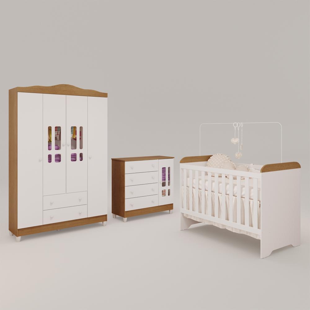 Quarto de Bebê Ariel Completo Berço 3 em 1 Gabrielle Guarda Roupa 4 Portas Cômoda Infantil Branco com Bétula Carolina Baby